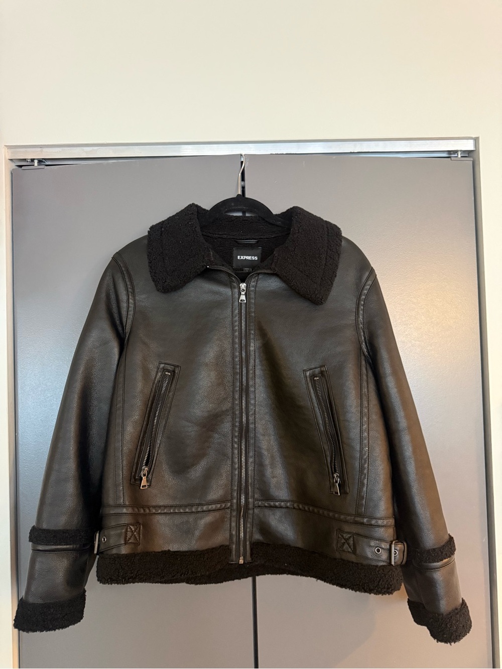 Express Black Faux Leather Jacket with Sherpa lining